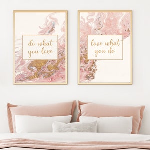 Do what you love Acrylic Pour Painting, Set of two prints for DIGITAL DOWNLOAD, Pink Gold Abstract Painting, Inspirational Office Decor image 1