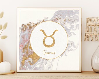Taurus Art Print, Abstract Painting Gold Gray, Taurus Gift, DIGITAL DOWNLOAD, Teen Girl Bedroom Decor Astrology, Work from Home Decor Zodiac