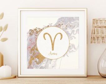 Aries Art, Acrylic Pour Painting Gray Gold for DIGITAL DOWNLOAD, Astrology Decor Bedroom, Zodiac Sign Wall Art, Indie Room Decor