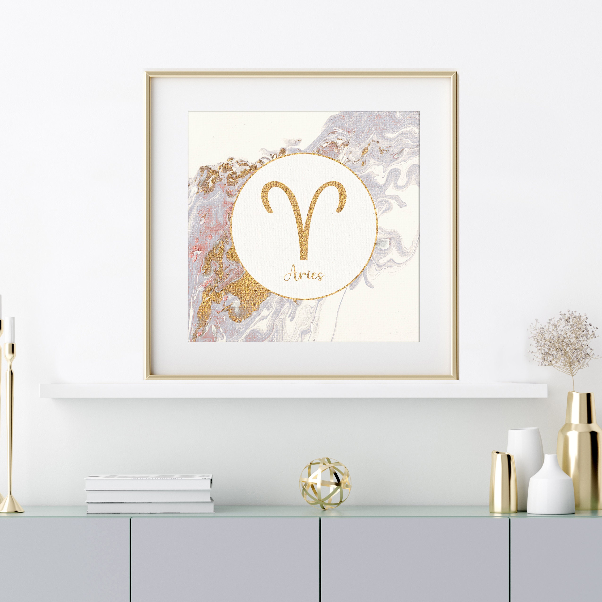 Aries Abstract Painting Gold Gray Zodiac Print DIGITAL - Etsy