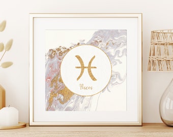 Pisces Art Print, Abstract Painting Gold Gray, Pisces Gift, DIGITAL DOWNLOAD, Teen Girl Bedroom Decor Astrology, Work from Home Decor Zodiac
