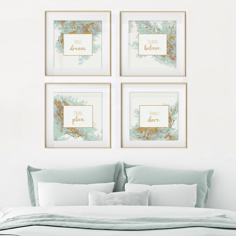 Turquoise Gold Inspirational Wall Art, Set of 4 Prints DIGITAL DOWNLOAD, Four Paintings Acrylic