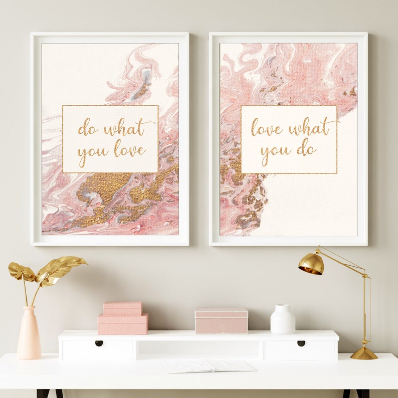 Do what you love Acrylic Pour Painting, Set of two prints for DIGITAL DOWNLOAD, Pink Gold Abstract Painting, Inspirational Office Decor image 8