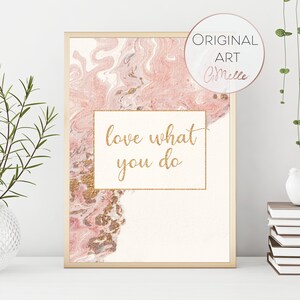 Do what you love Acrylic Pour Painting, Set of two prints for DIGITAL DOWNLOAD, Pink Gold Abstract Painting, Inspirational Office Decor image 3