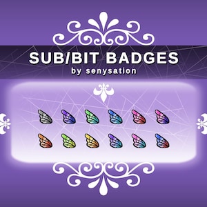 Könnte beinhalten: Auf einem lila Hintergrund steht der Text "SUB/BIT BADGES" und "by sensysation". Darunter befinden sich zwölf farbenfrohe Schmetterlingsflügel-Abzeichen in verschiedenen Farben, darunter Rot, Grün, Blau und Lila. Das Design wird von weißen Zierblüten umrahmt.