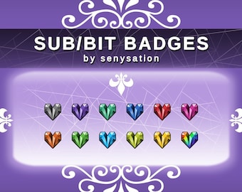 May include: A digital graphic featuring heart-shaped badges in various colors, including black, purple, green, blue, red, pink, orange, and yellow. The text "SUB/BIT BADGES by senysation" is displayed above the badges on a purple background.