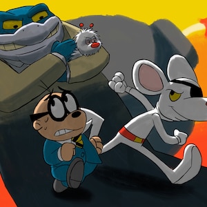 May include: A cartoon illustration of a green frog-like creature wearing a suit, a white mouse with an eyepatch wearing a red belt, and a small, bald man with glasses wearing a blue suit. The frog-like creature is holding a small, white, furry creature with red eyes. The background is a yellow and orange gradient.