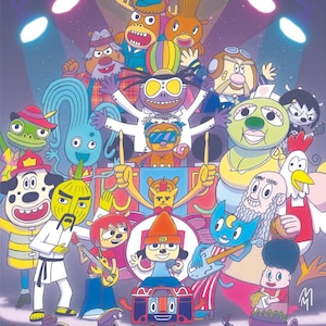 May include: A colorful illustration of a band of cartoon characters performing on stage. The band includes a dog playing drums, a cat playing guitar, a chicken playing bass, and a variety of other characters. The stage is lit by spotlights and there is a crowd of cartoon characters in the audience.