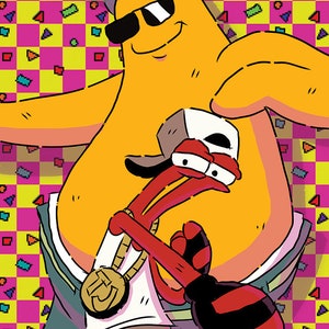 May include: Two cartoon characters, one yellow and one red, wearing sunglasses and hats, standing in front of a pink and yellow checkered background.