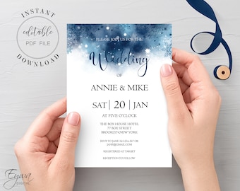 Blue Snowflake Winter Wedding Invitation Template (Editable PDF)