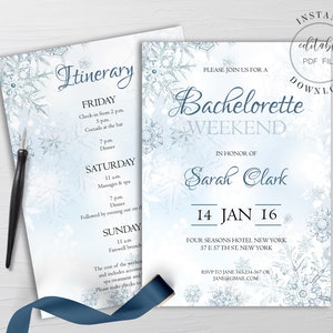 Winter Wonderland Bachelorette Weekend Itinerary Invitation Template Editable PDF Frozen Snowflakes Bachelorette Invite Instant Download W4