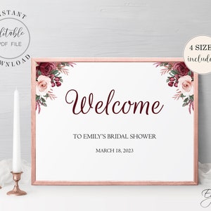 Burgundy and Blush Bridal Shower Welcome Sign Template Printable Bridal Welcome Poster Editable PDF Bridal Shower Sign Instant Download W2