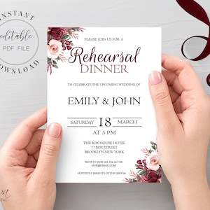 Burgundy and Blush Rehearsal Dinner Invitation Template Editable Floral Wedding Rehearsal Dinner Invite Editable PDF Instant Download W2