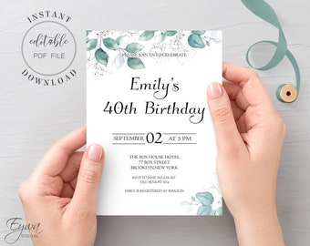 Eucalyptus Greenery Birthday Invitation Template (Editable PDF)