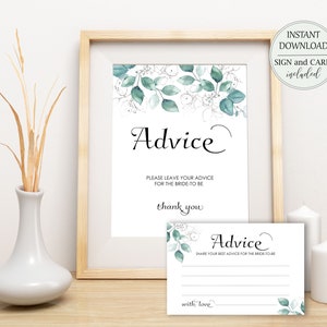 Eucalyptus Bridal Shower Advice Cards Advice for the Bride Greenery Bridal Advice Sign and Card Printable Well Whishes Instant Download W7