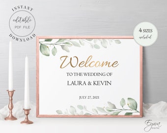 Greenery Wedding Welcome Sign: Gold Template (Digital Download)