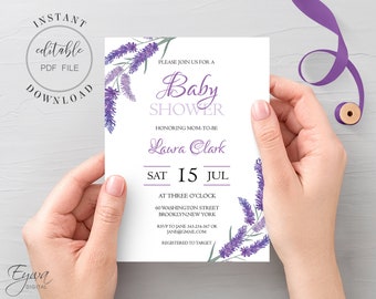 Lavender Floral Baby Shower Invitation Template (Editable PDF)