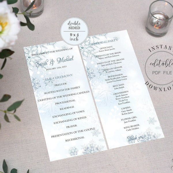 Winter Wonderland Wedding Program Template Editable Wedding Ceremony Program Double Sided with Snowflakes Instant Download Editable PDF W4