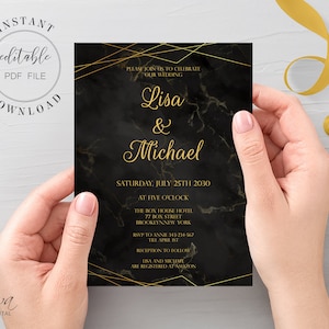 Minimalistic Black and Gold Wedding Invitation Template, Black Printable Wedding Invite, Editable PDF, Digital Download, W13