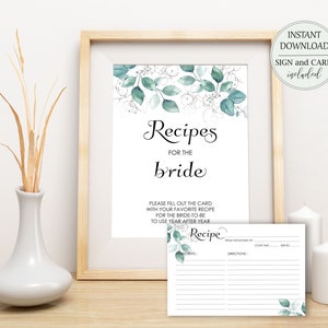 Eucalyptus Bridal Shower Recipe Cards Printable Greenery Recipes for the Bride Bring A Recipe Bridal Shower Recipe Card Instant Download W7