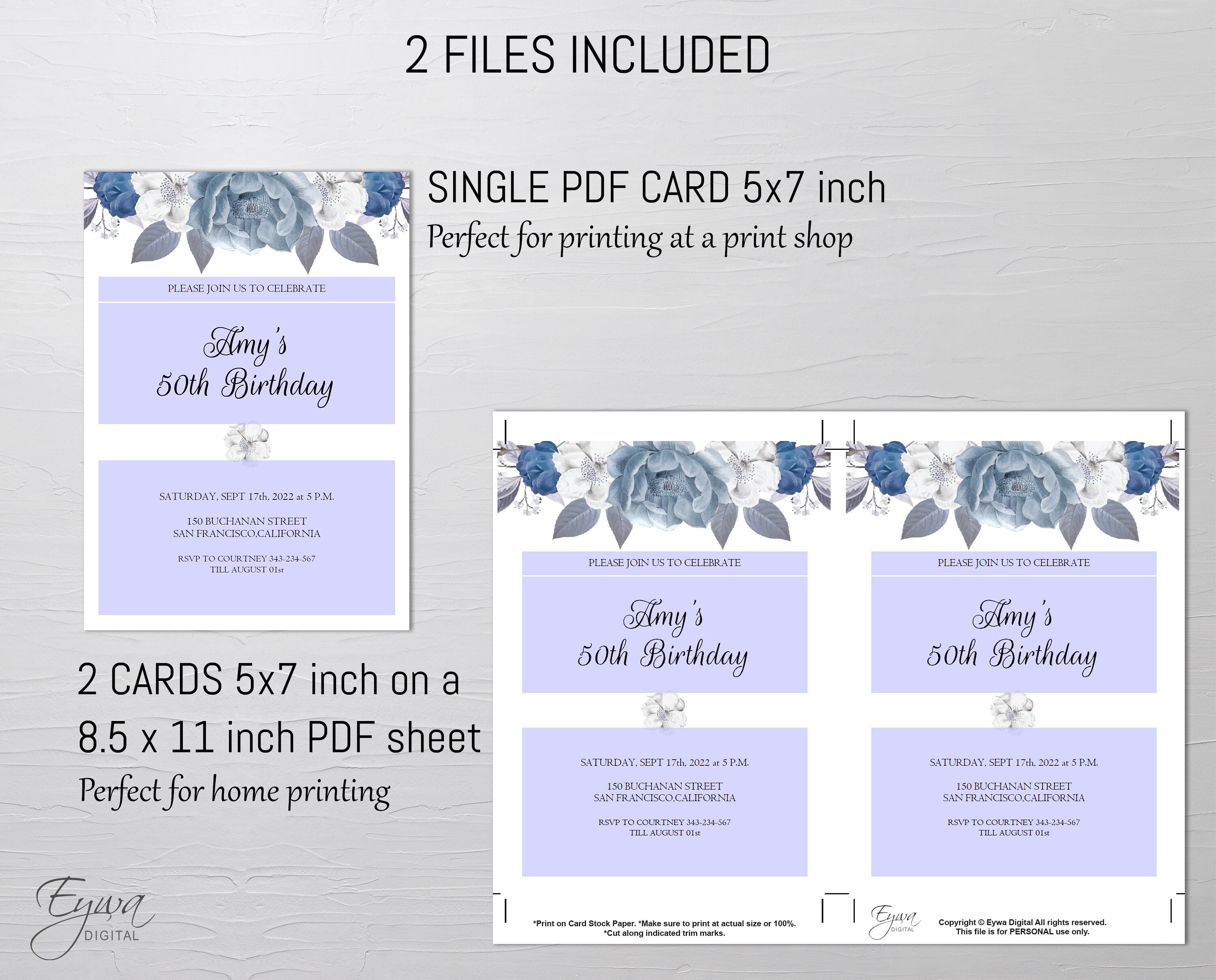 Silver and Blue Rose Birthday Invitation Template Editable Winter ...