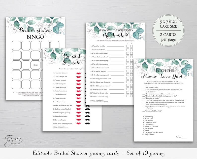Editable Eucalyptus Bridal Shower Games Bundle Set of 10 Games