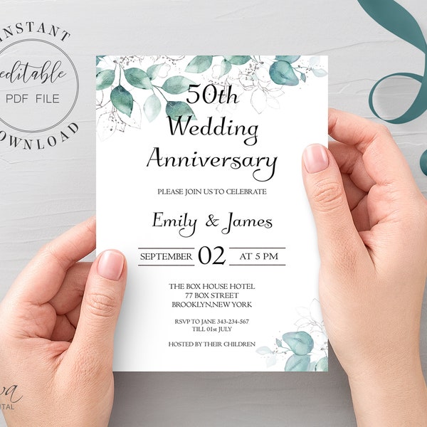 Eucalyptus Greenery Anniversary Invitation Template Printable Green Anniversary Invite Editable PDF DIY Invitation Instant Download W7