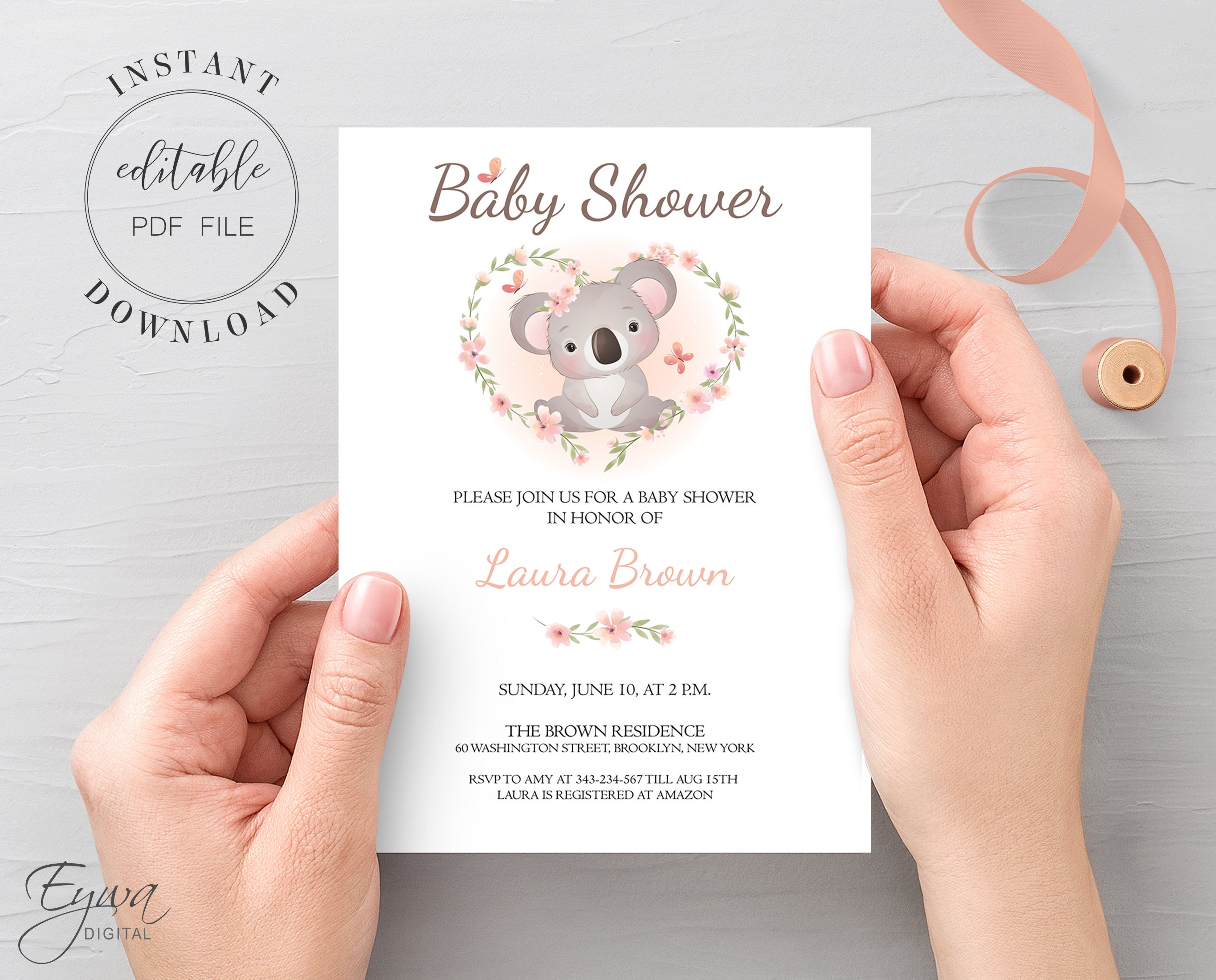 Koala Baby Shower Invitation Template Editable Baby Koala Baby Shower ...
