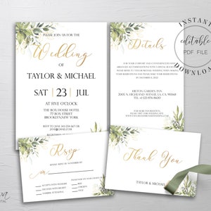 Greenery and Gold Wedding Invitation Set Template Printable Wedding Invitation Suite Details Rsvp Thank You Card Instant Download PDF W8