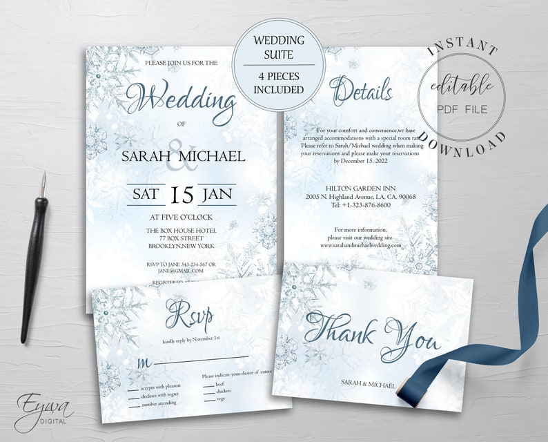 Winter Wonderland Wedding Invitation Template Printable Frozen Snowflakes Wedding Invite Editable PDF Instant Download W4 image 7