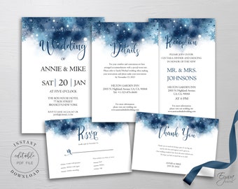 Blue Winter Wedding Invitation Bundle: Snowflake Watercolor (Digital Download)