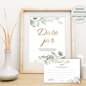 Greenery Date Night Jar Sign and Cards Wedding Bridal Shower Games Date Night Ideas Gold Date Jar Sign  Instant Download W24