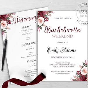 Burgundy Blush Bachelorette Weekend Itinerary Invitation Template Editable PDF Bachelorette Party Schedule Bridal Party Instant Download W2