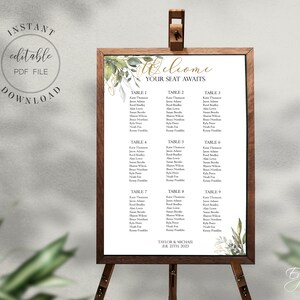 Grün und Gold Hochzeit Sitzplan Vorlage Gold bearbeitbare PDF Sitzplan druckbare Probe Dinner Sitzplan sofortiger Download W8