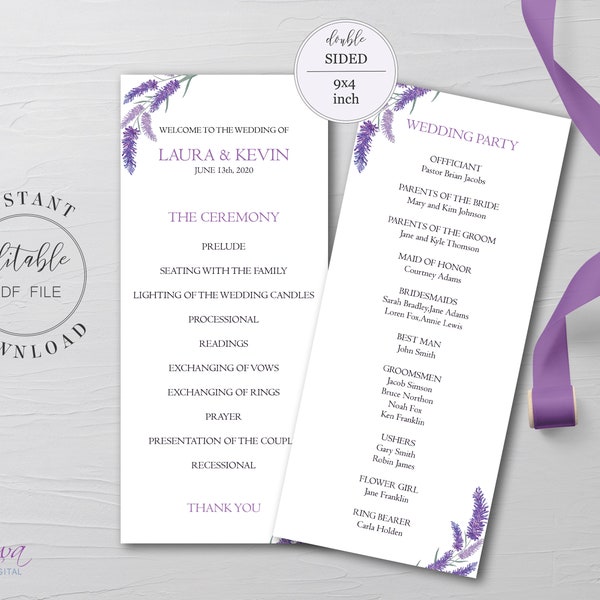 Modèle de programme de mariage lavande : cérémonie violette (PDF modifiable)
