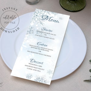 Winter Wonderland Wedding Menu Template Editable Dinner Menu Blue Menu Cards Printable DIY Wedding Menu Pdf Instant Download W4