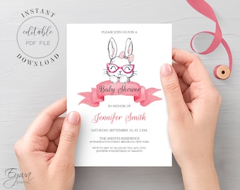 Bunny Baby Shower Invitation Template: Girl Rabbit with Glasses (Editable PDF)