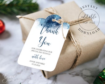 Modèle d'étiquettes de faveur de mariage Blue Winter Wonderland Étiquettes de faveur de mariage modifiables avec des étiquettes de cadeau de flocons de neige Pdf modifiable Téléchargement instantané W9