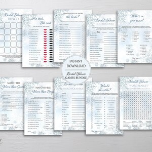 May include: A set of printable bridal shower games with a winter snowflake theme. The games include bingo, he said she said, scattergories, what's in your purse, match the movie love quotes, match these movie love songs, word scramble, would she rather, and word search.