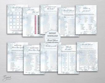 Paquete de 10 juegos para despedida de soltera en Winter Wonderland, bingo para despedida de soltera, búsqueda de palabras, él dijo, ella dijo, descarga instantánea W4