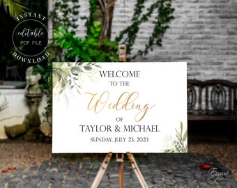 Greenery and Gold Welcome To Our Wedding Sign Template Printable Wedding Welcome Sign Editable PDF Wedding Poster Instant Download W8