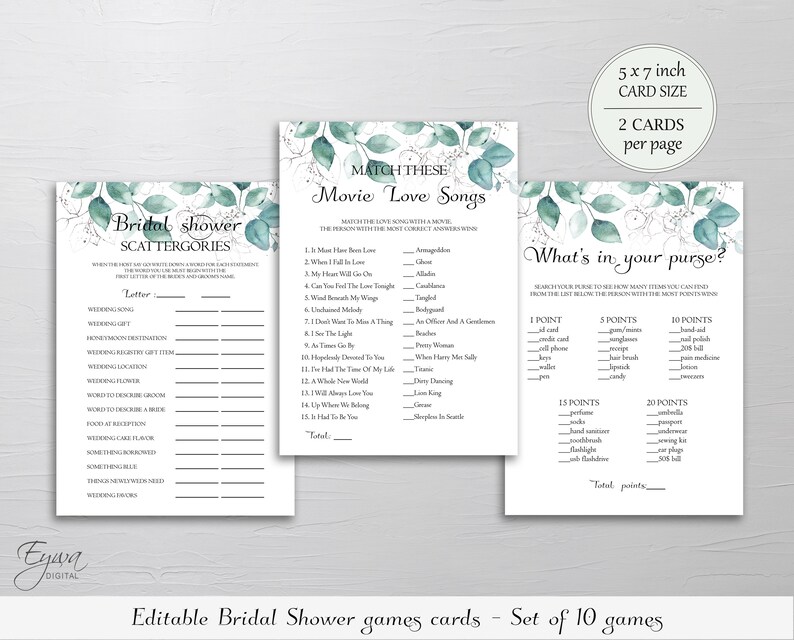 Editable Eucalyptus Bridal Shower Games Bundle Set of 10 Games