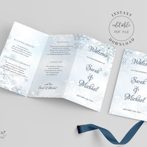 以下が含まれることがあります： 冬の雪の結晶のデザインが施された、印刷可能な結婚式プログラムのテンプレートです。プログラムには、式典、レセプション、感謝のメッセージのセクションが含まれています。テキストには、「Sarah & Michael の結婚式へようこそ、2023 年 1 月 15 日」と記載されています。