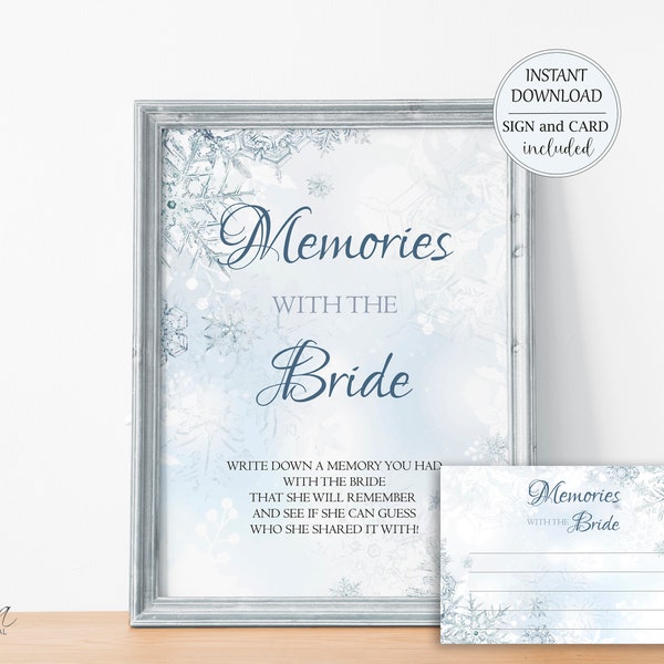 Winter Wonderland Memories with the Bride Sign and Card Game Share a Memory Game Blue Bridal Shower Game Cards Instant Download W4