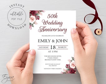 Burgundy Floral Anniversary Invitation Template (Editable PDF)