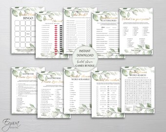 Greenery Gold Bridal Shower Games Bundle Set de 10 juegos Bachelorette Party Bingo Sopa de palabras Él dijo Ella dijo Descarga instantánea W24
