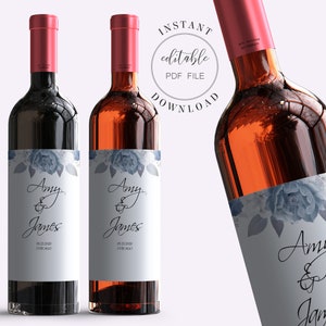 Silver and Blue Rose Wine Bottle Label Template Wedding Wine Labels Editable Wine Labels Wine Label Stickers Instant Download PDF W23