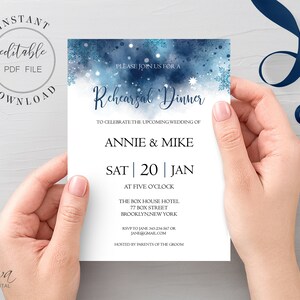 Blue Winter Rehearsal Dinner Invitation Template Editable PDF White Snowflakes Wedding Rehearsal Dinner Invite Instant Download W9