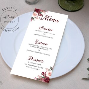 Burgundy Blush Wedding Menu Template Editable Dinner Menu Floral Menu Cards Printable DIY Wedding Menu Pdf Instant Download W2