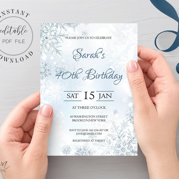 Winter Wonderland Birthday Invitation Template Editable Frozen Snowflakes Birthday Invite Bday Party Invite Instant Download Editable PDF W4